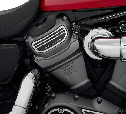 '66 COLLECTION CAM SPROCKET MEDALLIONS - SPORTSTER S/PAN AMERICA (GLOSS BLACK/BRUSHED ALUMINIUM)