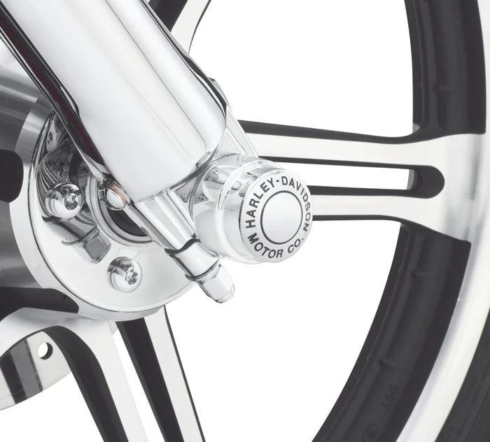 HARLEY-DAVIDSON MOTOR CO. FRONT AXLE NUT COVERS (CHROME)