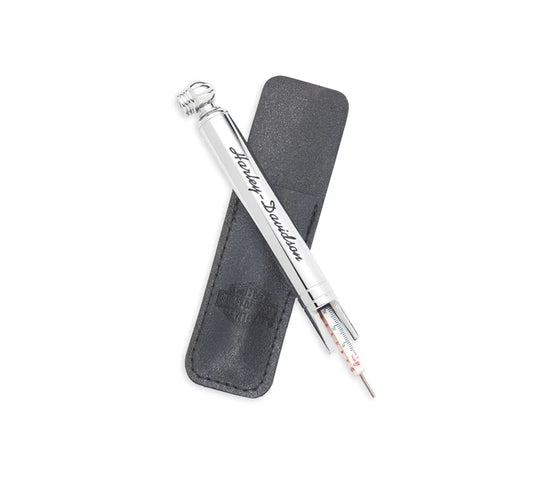 TYRE GAUGE AND TREAD DEPTH INDICATOR WITH EMBOSSED LEATHER POUCH